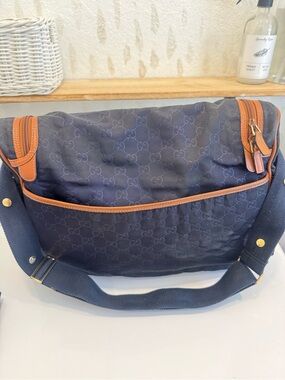 Gucci Navy Guccisima Diaper Bag with Tan Leather Trim & Changing Pad